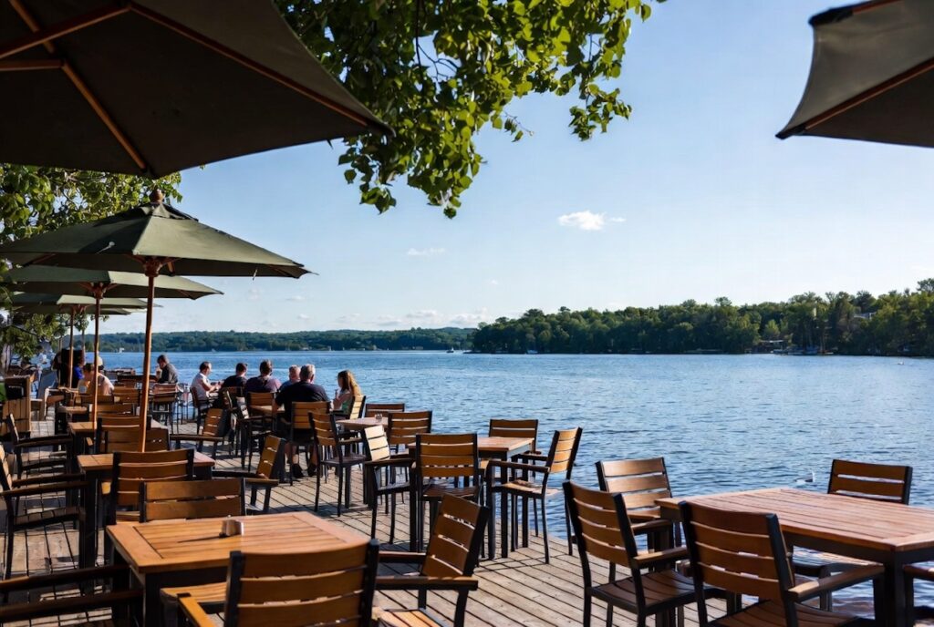 Waterfront patio at Dock of the Bay restaurant overlooking Lake Muskoka in Gravenhurst Ontario