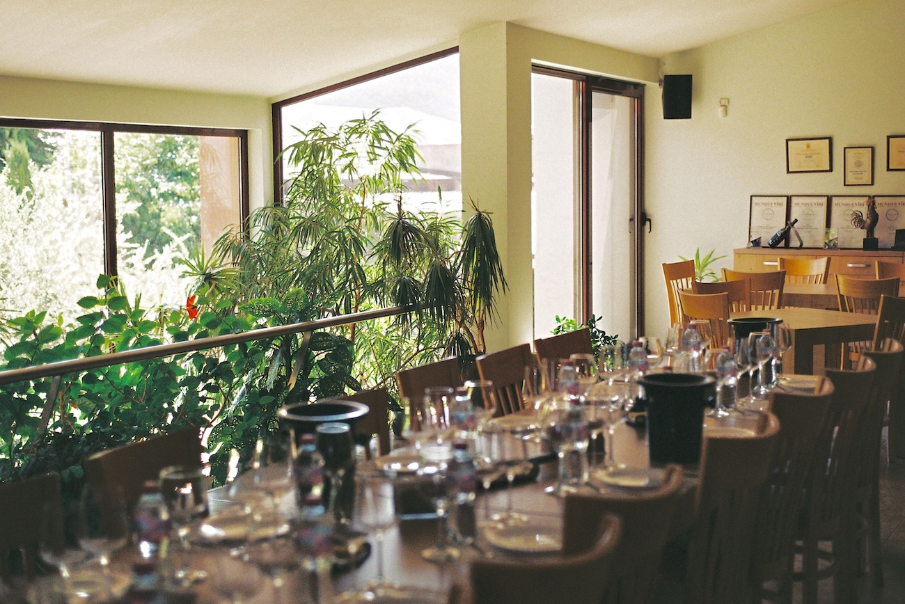 Tasting room at an estate winery in Niagara with vineyard views