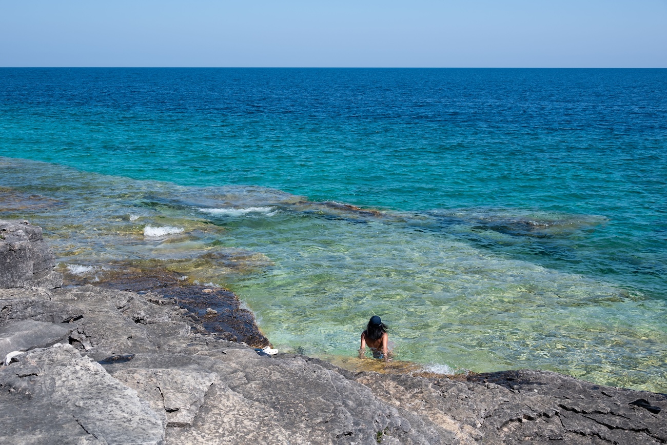 Swimming at Indian Head Cove Bruce Peninsula in clear turquoise water