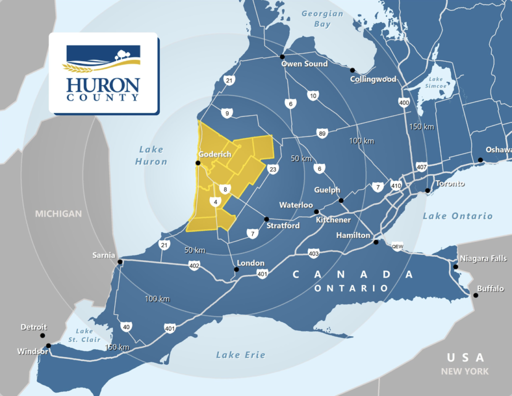 Map showing Bayfield Ontario location on Lake Huron relative to Toronto and Goderich