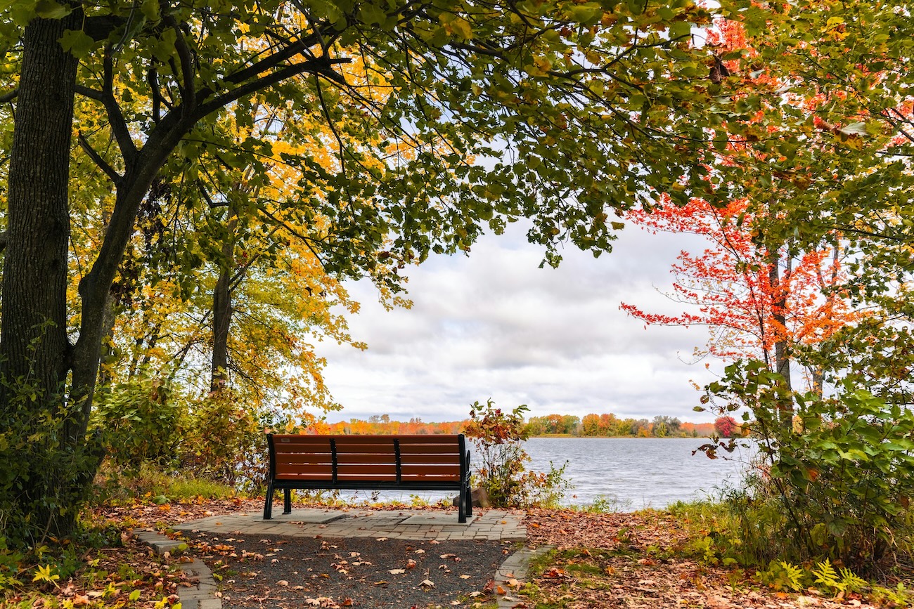 Bell Park boardwalk along Ramsey Lake in Sudbury Ontario at sunset