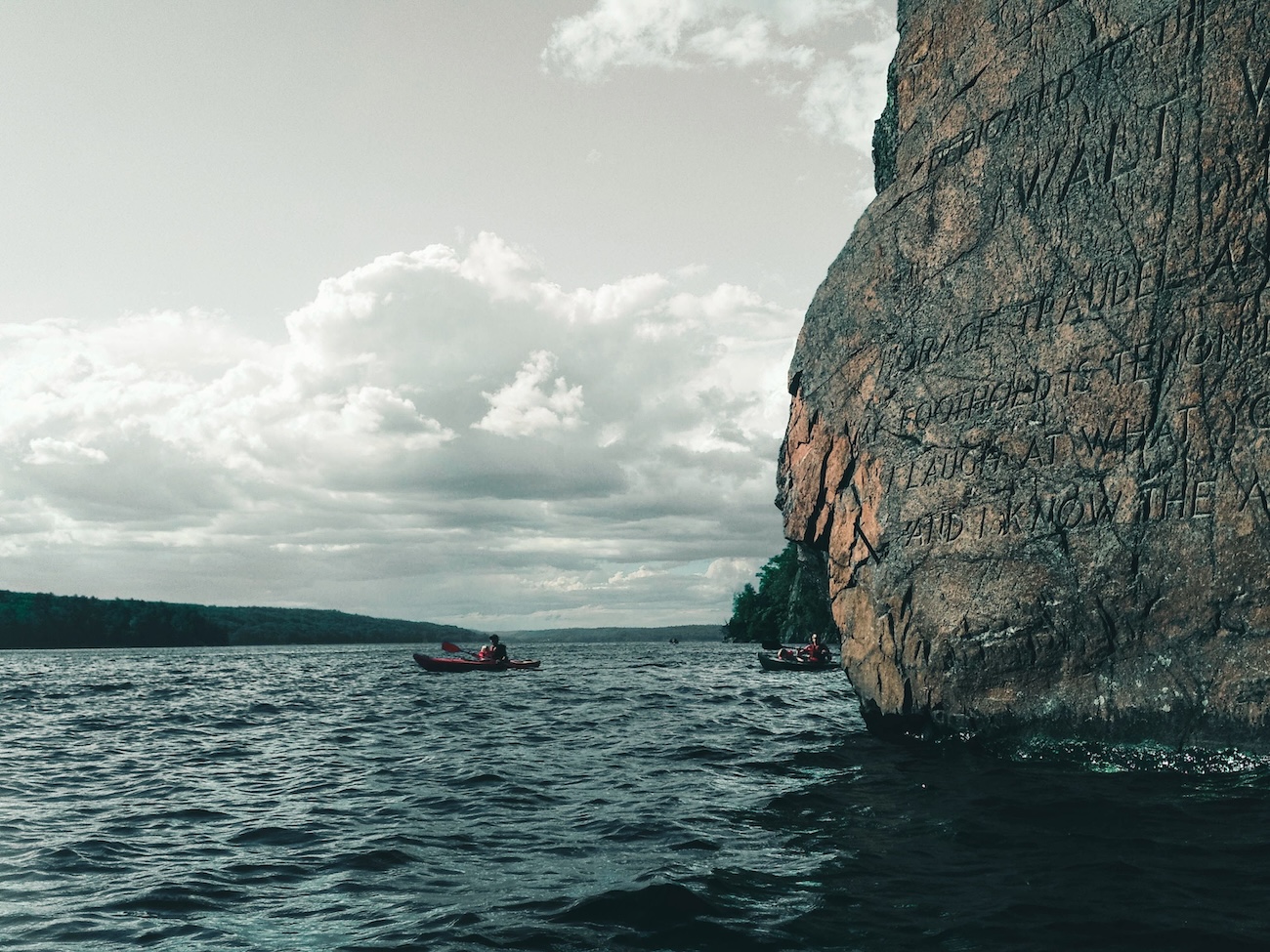 Devil’s Rock cliffs rising above Lake Temiskaming near Haileybury in Temiskaming Shores Ontario