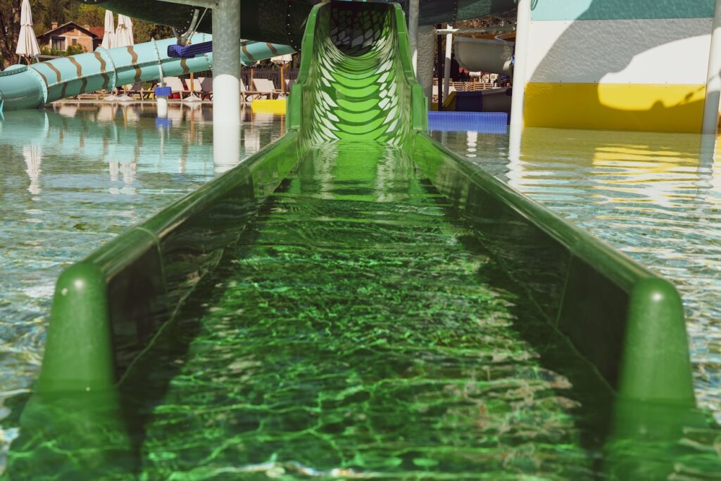 Lake Lisgar Waterpark in Tillsonburg with the giant waterslide and heated pool