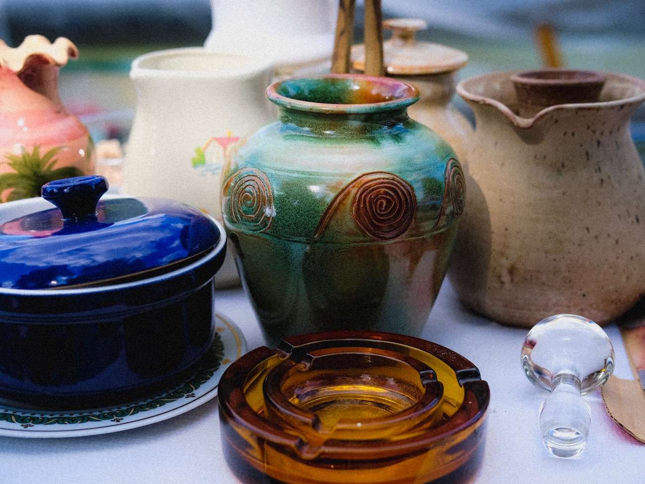 Close-up of vintage furniture, glassware and collectibles at an Ontario flea market