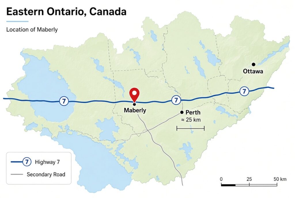 Map showing the location of Maberly Ontario on Highway 7 near Perth and Ottawa